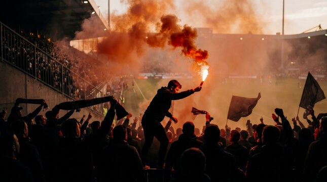 Passionate soccer fans celebrating match in crowded stadium at dusk with orange flare creating intense smoke, dynamic atmosphere, and energetic cheering from crowd
