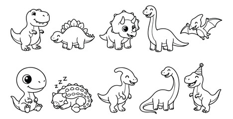 Cute dinosaur vector collection, adorable baby dino characters, prehistoric animal outline illustrations, perfect for children's designs and educational materials © Asma