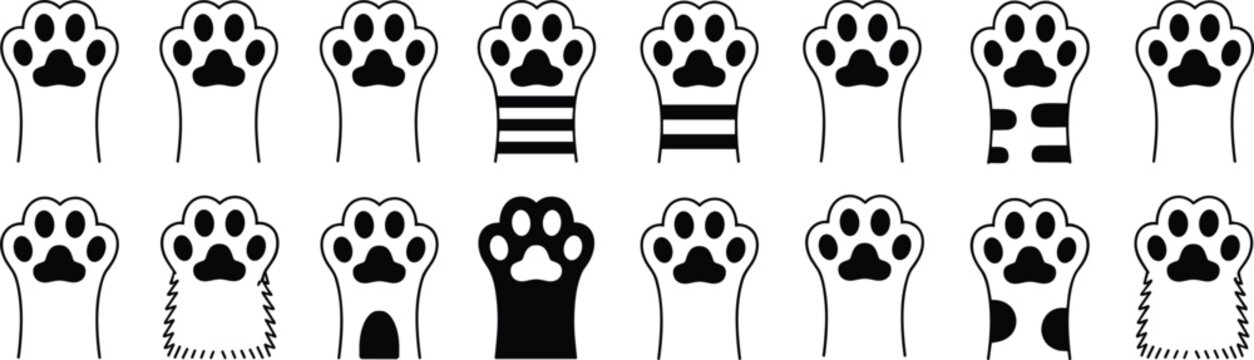 Set of black and white paw print featuring various patterns like stripes, spots, and fur textures isolated on a plain white background