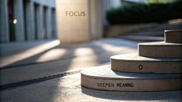 Steps with inscriptions promoting focus and deeper meaning in a serene urban environment with gentle sunlight creating shadows