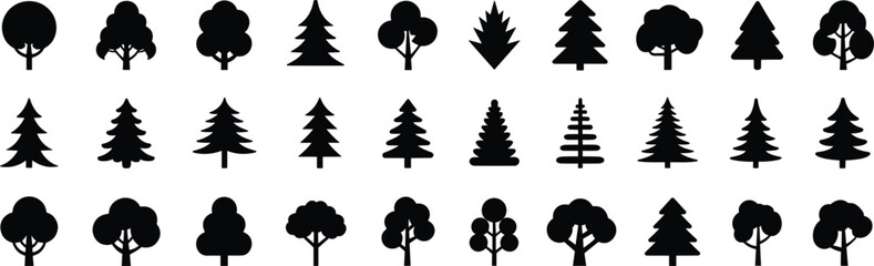Set of black silhouette representing various types of trees including deciduous and coniferous on a white background © Badhon