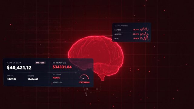 Dual perspective view over a bear market alert system featuring a flashing red panic liquidation dashboard inside a complex holographic neural networks displaying English metrics.