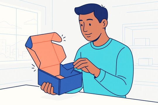 Man opening an empty box in a clean modern room with large window, flat design style illustration showing concept of unboxing or packaging mockup. Ai generative