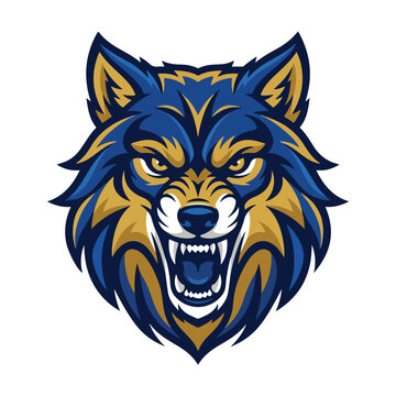 Aggressive blue and gold wolf mascot head logo design.