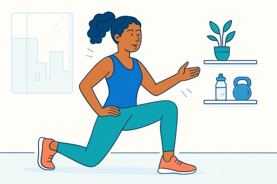 Cartoon woman doing home workout in sportswear with indoor fitness equipment on clean white background, exercising in modern interior space. Ai generative