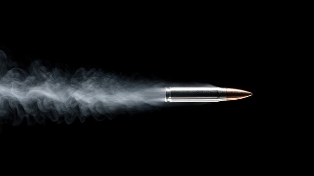 A gleaming bullet streaks through darkness, trailing wisps of white smoke