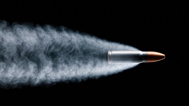 A metallic projectile streaks through darkness, leaving a wispy trail of smoke