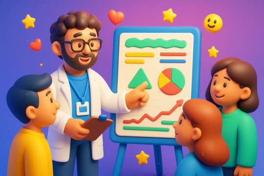 Cheerful teacher explaining infographic data to kids with colorful chart on easel, surrounded by happy cartoon people on vibrant background. Ai generative