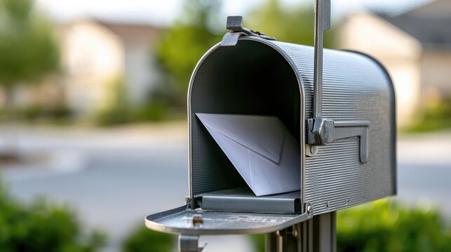 Gray metal mailbox with a white envelope inside, outdoors