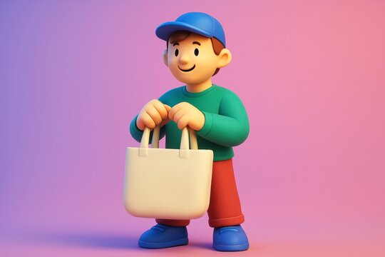Cheerful cartoon boy holding blank tote bag mockup on colorful gradient background for branding or advertising presentation design concept. Ai generative
