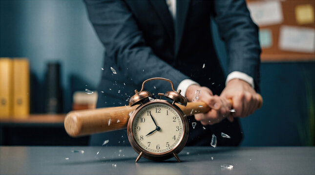 Businessman in a suit smashes a vintage alarm clock with a baseball bat as glass shatters across the desk. Powerful moment of anger, stress, and frustration against time and work deadline pressure