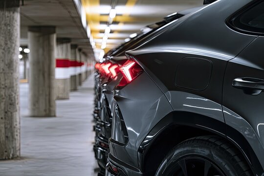 Sleek, dark SUVs lined up in a modern parking garage