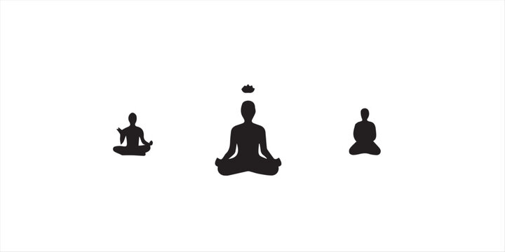 Set of black yoga and fitness exercise silhouettes in different stretching and meditation poses on white background