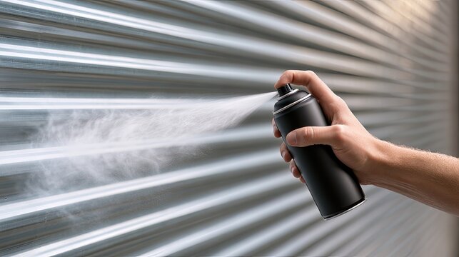 Hand holds black spray can emitting mist against corrugated metal
