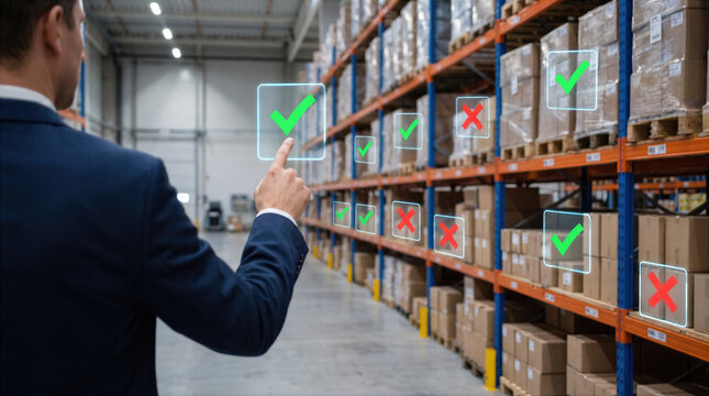 Businessman inspecting warehouse inventory and availability with a smart digital checklist interface. Quality control and supply chain management for logistic distribution, storage and goods tracking