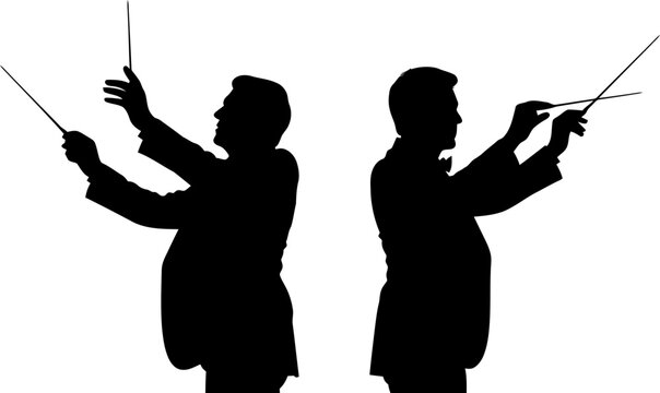 Two black silhouette male orchestra conductors in formal jackets and bow ties holding batons on a