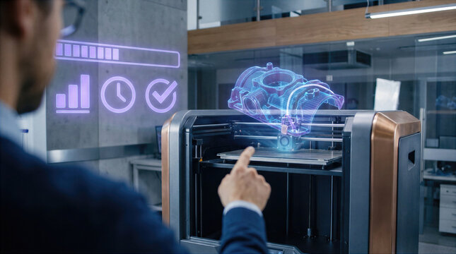 Engineer works with advanced printer that fabricates a prototype automotive component. Digital interface displays production progress in a modern laboratory. Innovative additive manufacturing