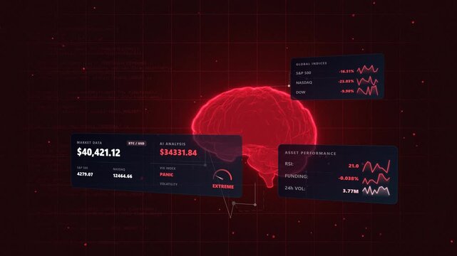Expansive wide angle surveying a bear market alert system featuring a flashing red panic liquidation dashboard inside a comprehensive quantitative trading panels displaying English metrics.
