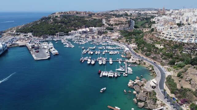 Drone view of Mgarr harbour in Gozo Island, Malta . High quality 4k footage