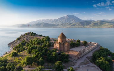 Fototapeta premium Scenic Aerial View of Akdamar Island and Historic Church on Lake Van, Turkey