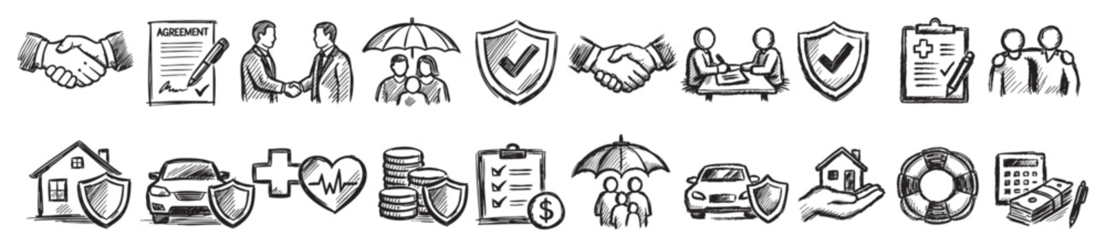 Comprehensive collection of hand-drawn insurance and financial protection icons, featuring various symbols like agreements, shields, and family under umbrellas