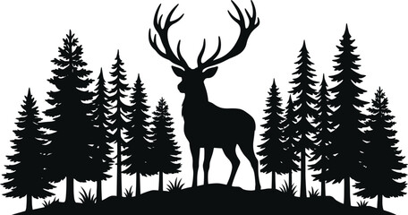 Black silhouette of majestic deer standing in coniferous pine forest on white background. © Aposh003