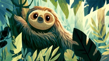 Fototapeta premium Whimsical Cartoon Sloth Peeking from a Lush Tree Surrounded by Vibrant Jungle Foliage