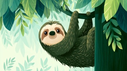 Fototapeta premium Cute Cartoon Sloth Peeking from Tree Branch Surrounded by Lush Green Leaves in Whimsical Forest Scene