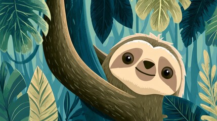 Fototapeta premium Cartoon Sloth Hanging from a Tree, Peeking Curiously Among Tropical Leaves in a Vibrant Jungle Setting