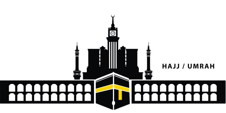 Kaaba and Masjid al Haram Skyline with Hajj and Umrah Typography Minimal Islamic Pilgrimage Landmark Vector Illustration on White Background