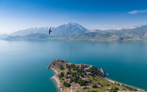 Scenic Aerial View of Akdamar Island and Historic Church on Lake Van, Turkey