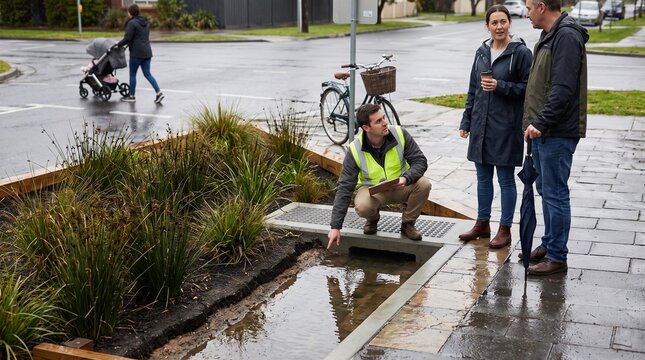 Rain Garden Street Corner Inspection After Shower In Climate Ready District