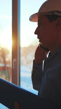 A man in a hard hat is on the phone, discussing plans while holding blueprints. The man stands near a window, with sunlight illuminating the scene behind him.
