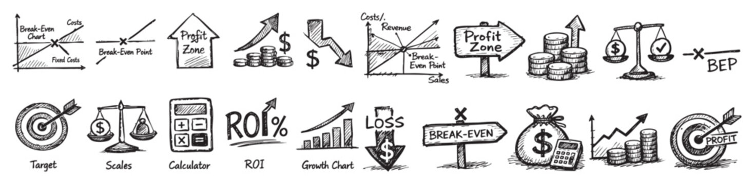 Comprehensive collection of hand-drawn business and finance icons illustrating concepts like profit, loss, and break-even points on a clean white background