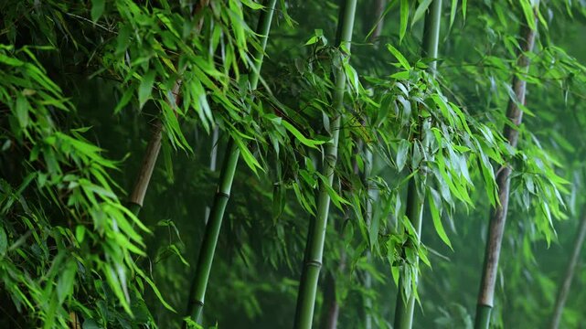 Cinematic Japanese bamboo forest swaying in the rain with beautiful bokeh for b-roll