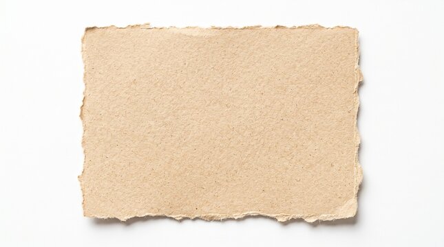 Torn kraft paper rectangle with frayed deckle edges isolated on white background, tan recycled paper sheet with cellulose grain for design backdrop and copy space