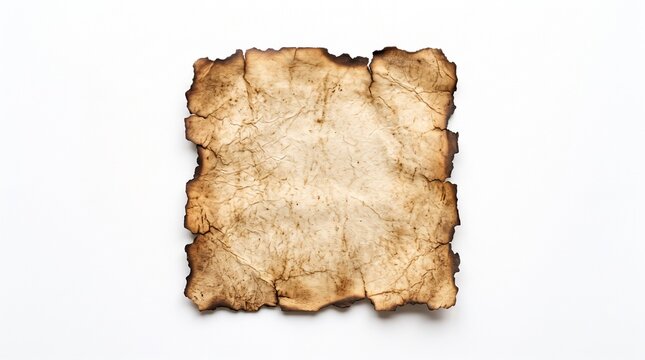 Torn aged parchment paper square with burnt scorched edges isolated on white background, vintage brown paper fragment with mottled grain for antique backdrop and copy space