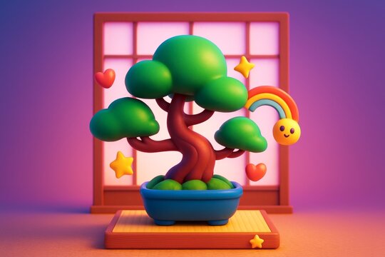 Cute stylized bonsai tree with smiling rainbow and floating hearts in soft colorful lighting on abstract pink and purple background. Ai generative