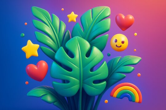 Colorful abstract tropical plants with hearts, stars, rainbow, and smiley face on vibrant gradient background in playful art style. Ai generative