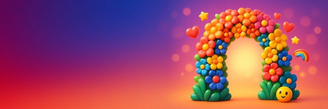 Colorful floral arch with smiley face and hearts on vibrant gradient background for cheerful celebration banner or advertising concept template. Ai generative