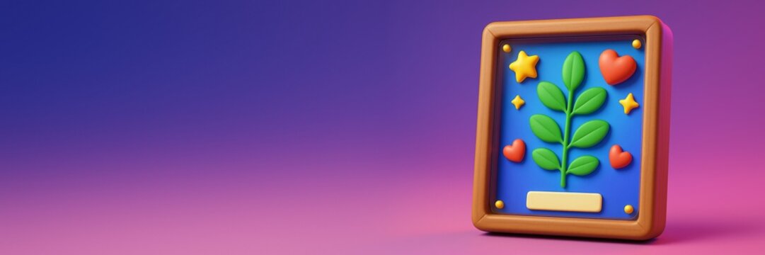 3D style framed plant illustration with hearts and stars on blue background, placed on vibrant gradient backdrop with copyspace on left side. Ai generative