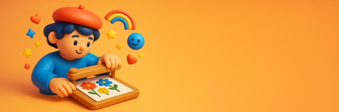 Cheerful cartoon artist creating colorful flower art with joyful elements on vibrant orange background, ideal for creative promotion concept. Ai generative