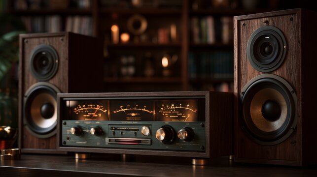 Vintage Analog Stereo Receiver with Glowing VU Meters and Elegant Wooden Speakers in Cozy Atmosphere