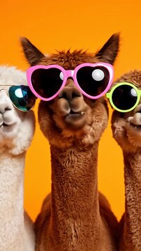 Three Alpacas Wearing Colorful Sunglasses Chewing Against a Vibrant Solid Orange Background