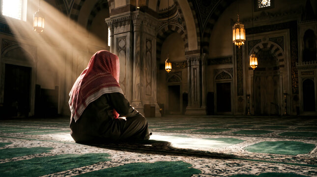 Muslim Man Praying in Mosque with Sunlight Beams