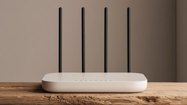Sleek white wireless router with four antennas on a wooden surface