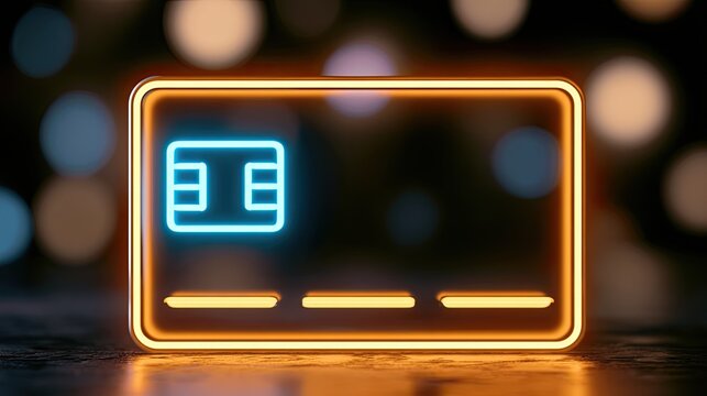A glowing neon credit card silhouette with a chip, set against blurred bokeh lights