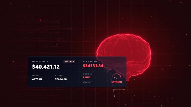 Cinematic focus on a bear market alert system featuring a flashing red panic liquidation dashboard inside a rotating cybernetic brain with data nodes displaying English metrics.