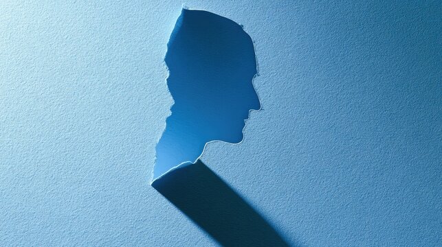 Silhouette of a human head emerges through a torn opening in blue paper