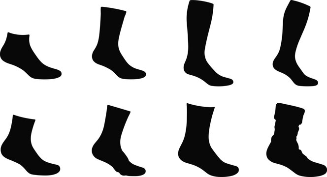 Collection of different socks types silhouettes set vector illustration isolated on white background for apparel fashion design